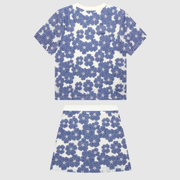 B.Sure Blue And White Flower Short-Sleeved Skirt Set - Picture 2 of 4